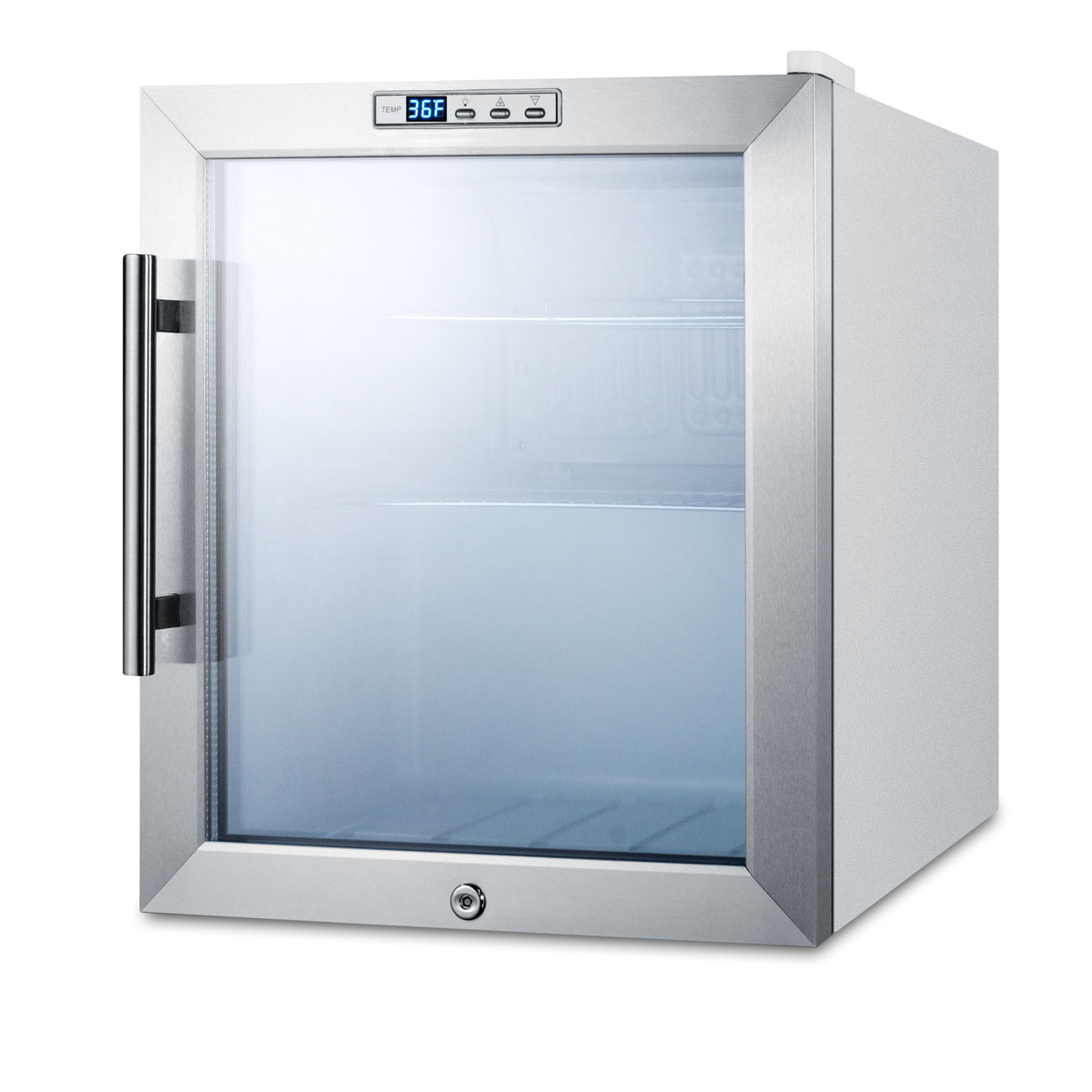 Commercially approved glass door refrigerator designed for the display and refrigeration of beverages or sealed food, with digital thermostat and white cabinet finish